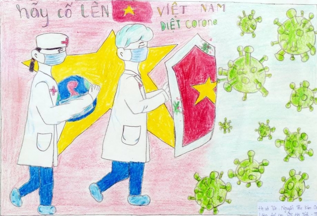 Hình ảnh bác sĩ chiến đấu chống Covid-19 được Nguyễn Thị Kim Oanh, 11 tuổi, làng SOS Hà Tĩnh, thể hiện qua nét vẽ sinh động.